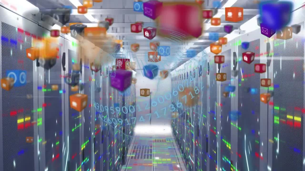 animación de iconos de medios y procesamiento de datos en la sala del servidor