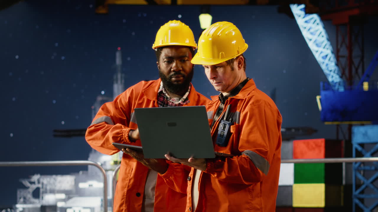 Environmental engineers on offshore platform conduct inspections