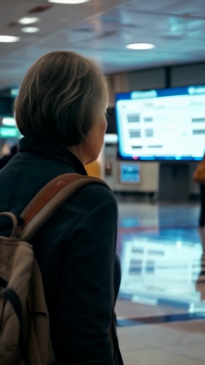 Una mujer mayor en el aeropuerto consultando información de vuelos antes de embarcar