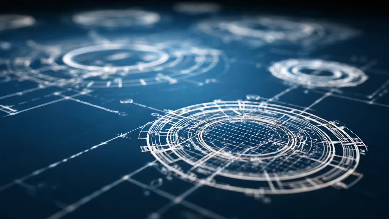 Detailed Blueprint Designs Featuring Geometric Circles and Technical Elements on a Blue Background, Showcasing Precision and Engineering Skills