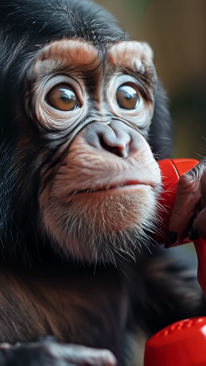 A baby monkey is sitting on a table and holding a red phone. The monkey is smiling and he is enjoying the experience of talking on the phone. The scene is playful and lighthearted