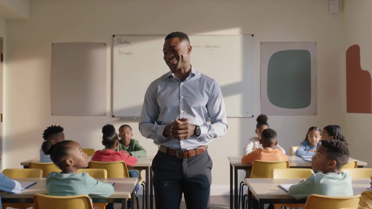 Starting lesson teacher in blue shirt, dark pants gesturing and teaching class beside whiteboard