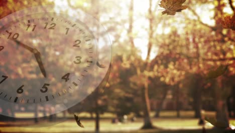 white clock and falling leaves