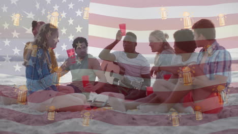 animation of flag of usa and beer icons over happy diverse friends at beach party in summer