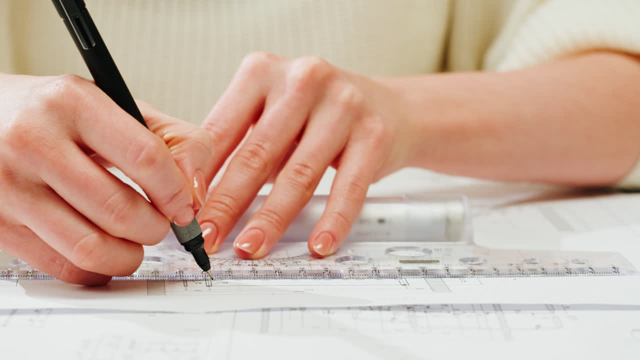 Close-up of hands working on technical drawings with a ruler and pen