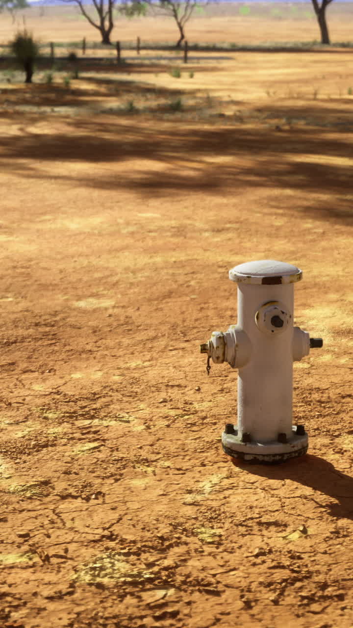 Dry landscape with a lone fire hydrant casting a long shadow in the sun