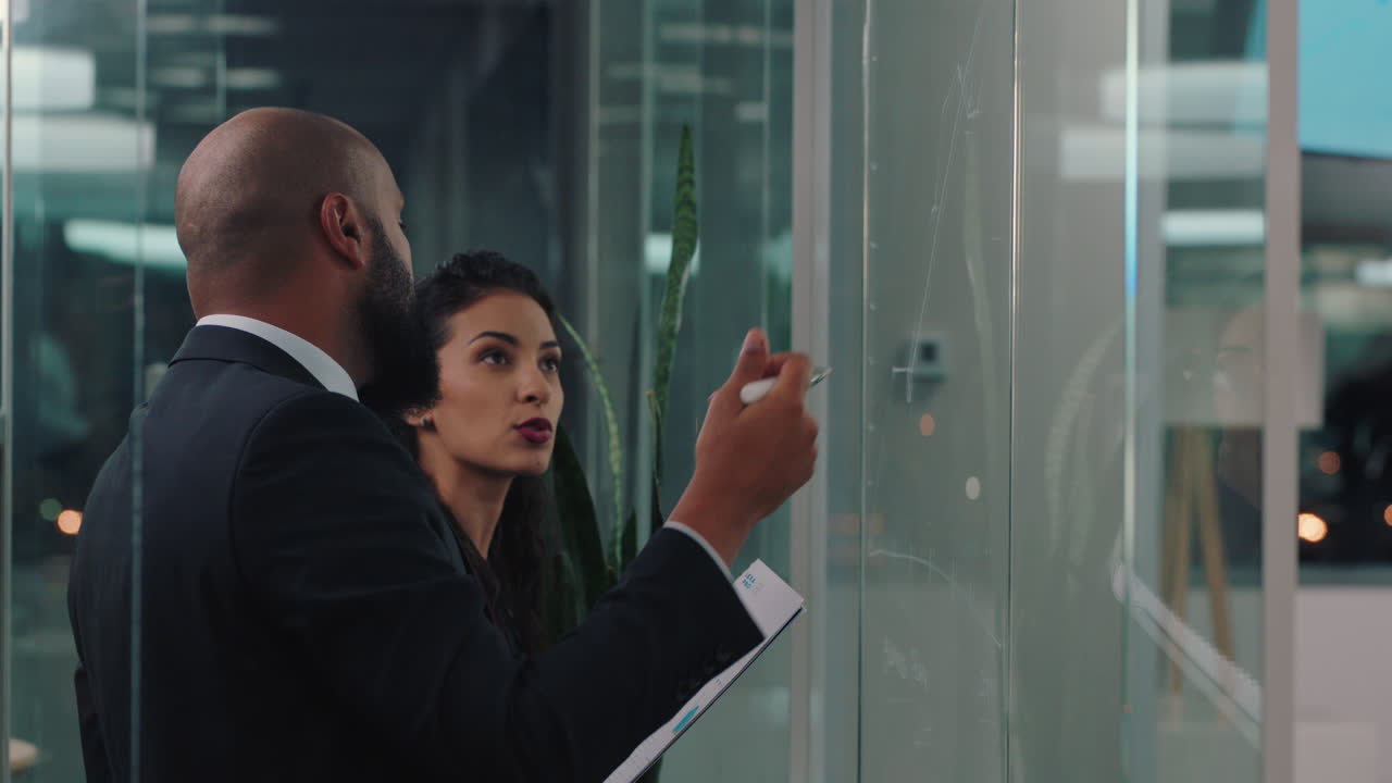 business people brainstorming team leader man writing ideas on glass whiteboard working with female executive on sales strategy discussing marketing data in office