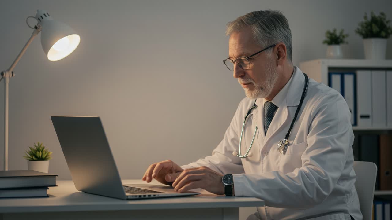 A Focused Medical Professional Works on a Laptop, Engaged in Health Care Activities While Surrounded by Modern Office Elements