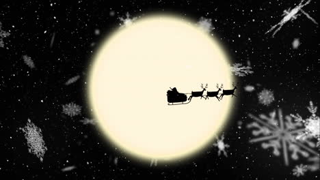 snow falling on santa claus in sleigh being pulled by reindeers against moon and snowflakes floating