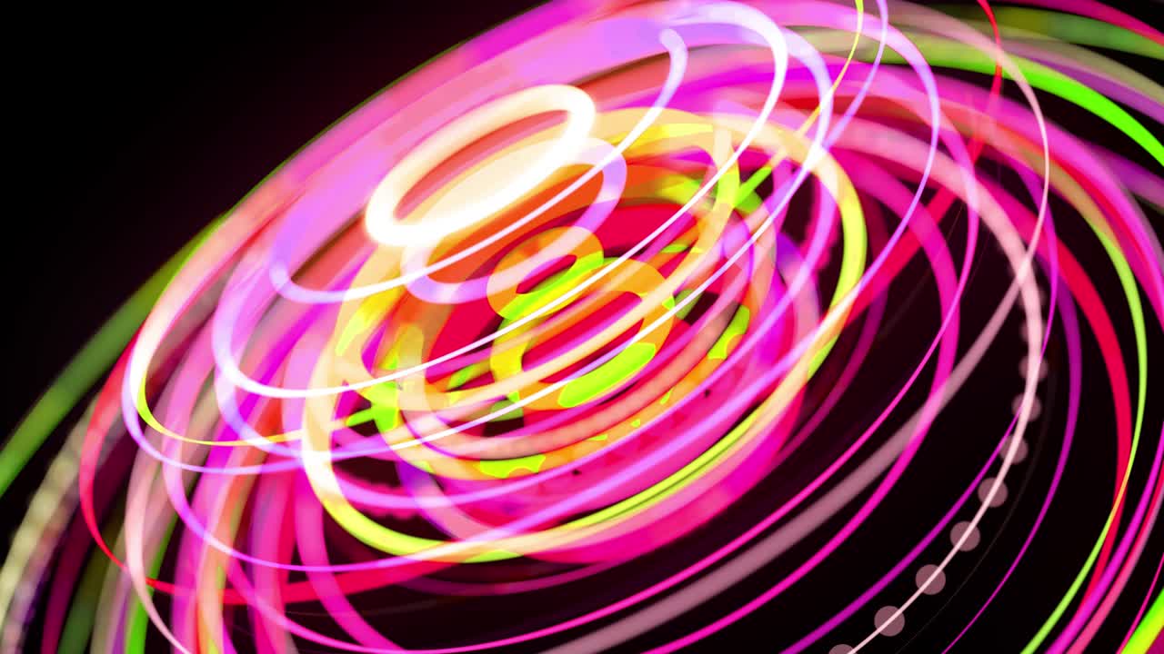 Light flow bg in 4k. Abstract looped background with light trails, stream of green red yellow neon lines in space move to form ring shapes. Modern trendy motion design background light effect
