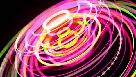 flujo de luz bg en 4k. fondo en bucle abstracto con rastros de luz, flujo de líneas de neón verde rojo amarillo en el espacio se mueven para formar formas de anillo. diseño de movimiento moderno de moda efecto de luz de fondo