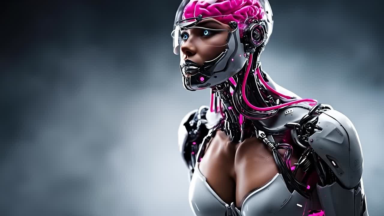 A woman in a futuristic suit with a pink brain on her head