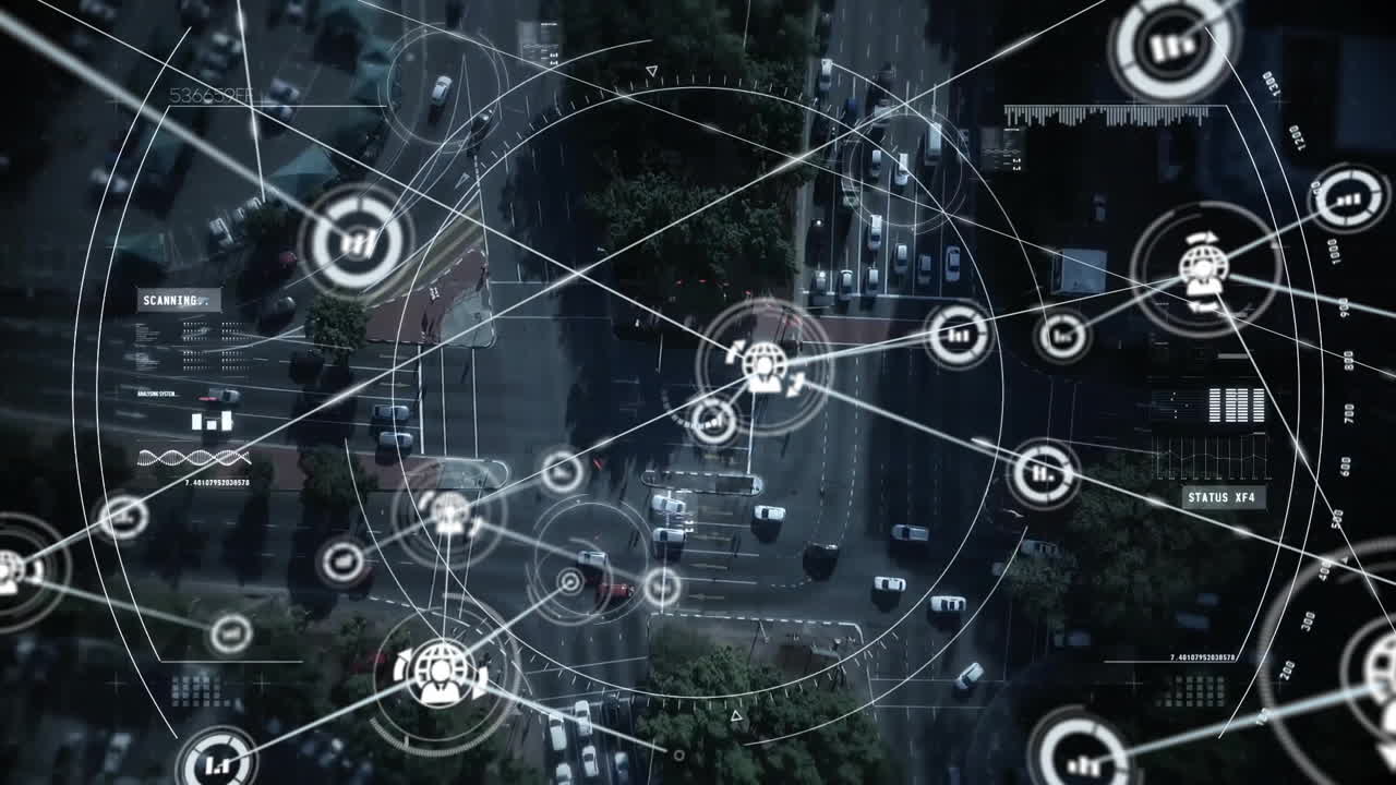 Network of connections and data processing animation over aerial view of traffic