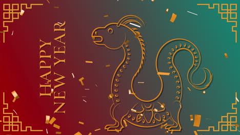 animation of happy new year text, dragons symbols and chinese pattern on red to green background