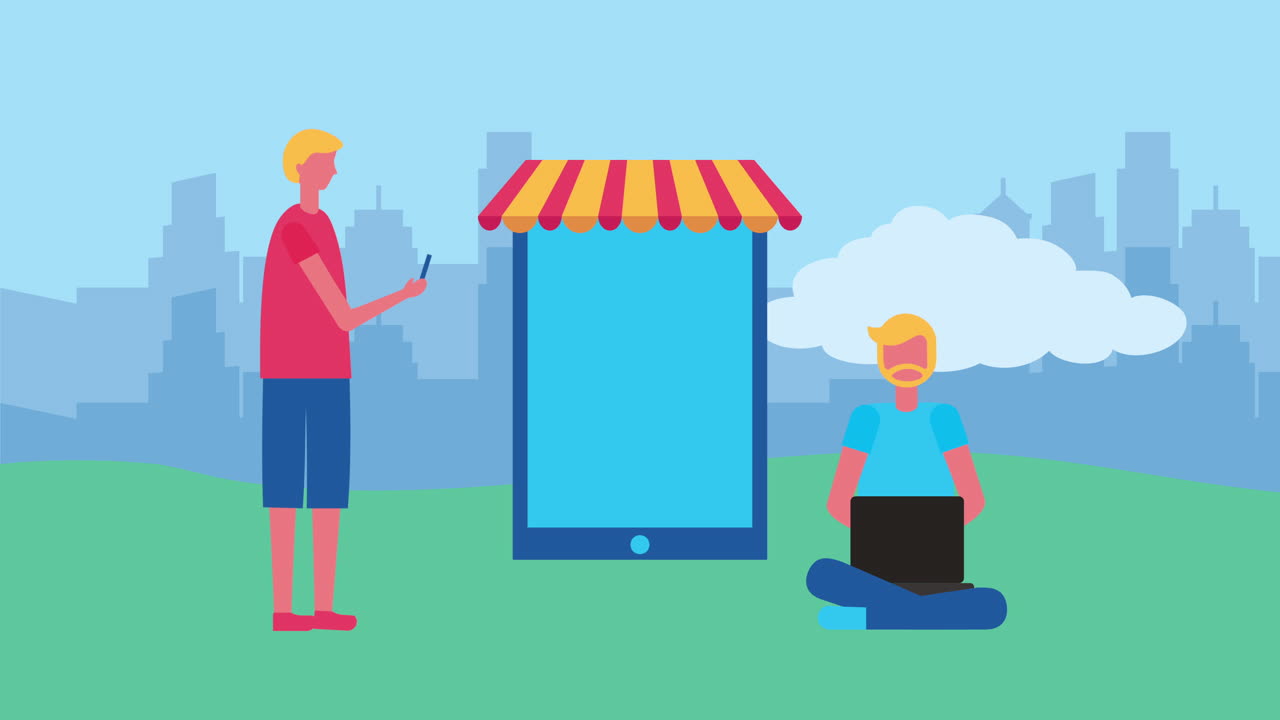 hombres jóvenes con iconos de comercio electrónico de teléfonos inteligentes