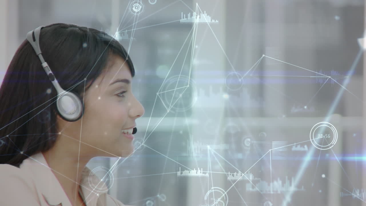 Animazione di rete di connessioni, statistiche su donna d'affari con cuffie telefoniche
