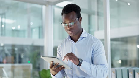 Office-tablet,-research-and-black-man-typing