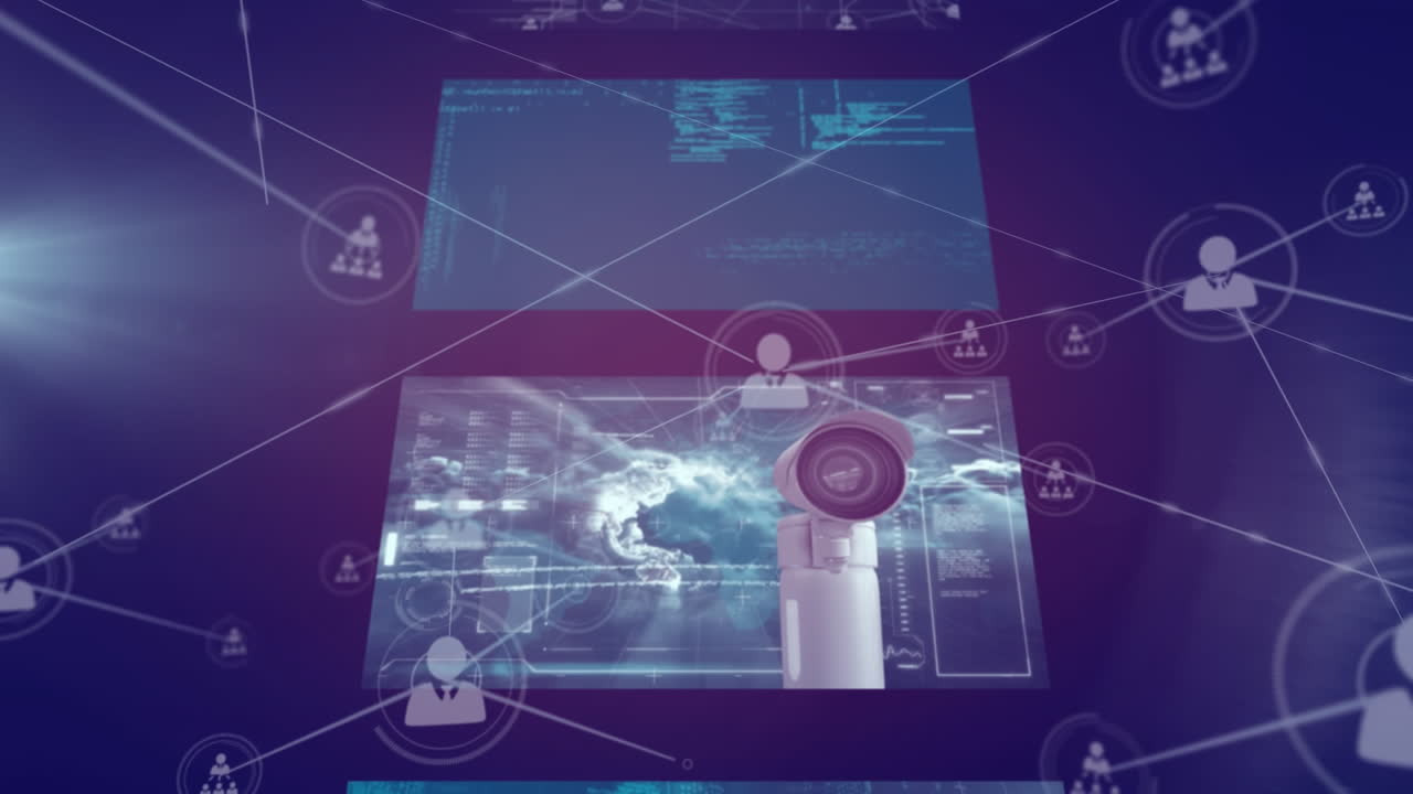 Animation of network of connections over moving screens on dark blue background