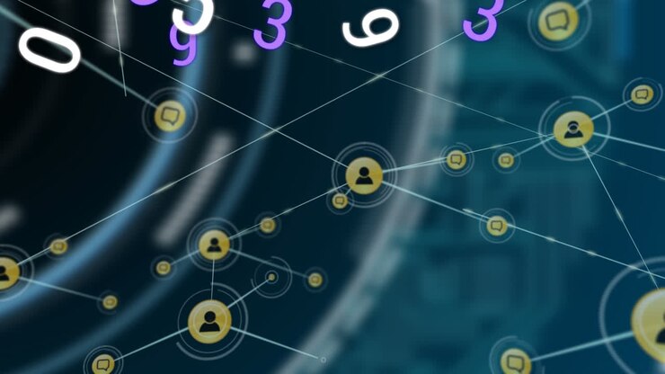 Animation of network of connections with icons over numbers and scope scanning