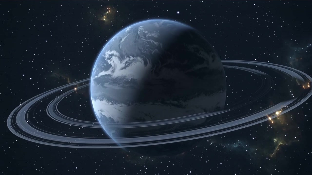 Camera orbiting, blue ringed planet rotating, shifting terminator in space, creating nebula shift