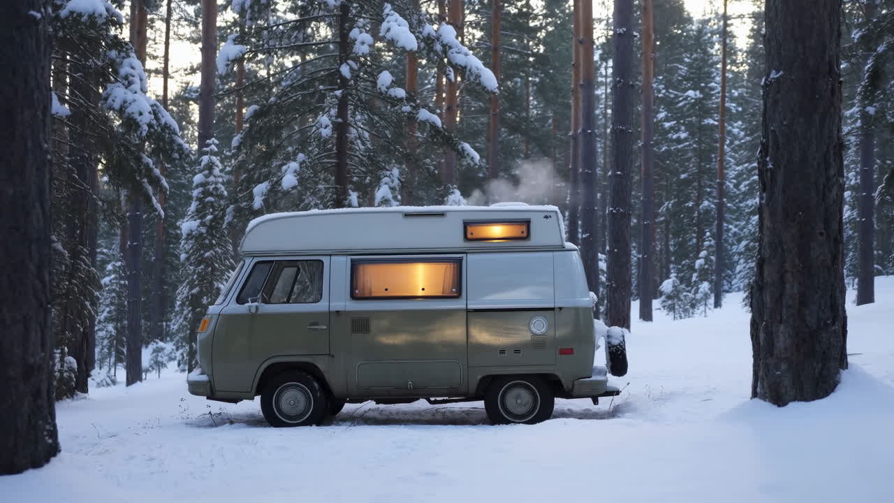 Snowy Forest Camper Van Glowing Window, Vintage Camper Parked Among Tall Pine Trees, Soft Warm Light