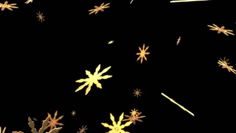 4k looping falling glow gold digital snowflake on black background animation. gold snowflakes animation with blurred bokeh for winter snow, christmas and new year background. snow snowfall snowflake pattern