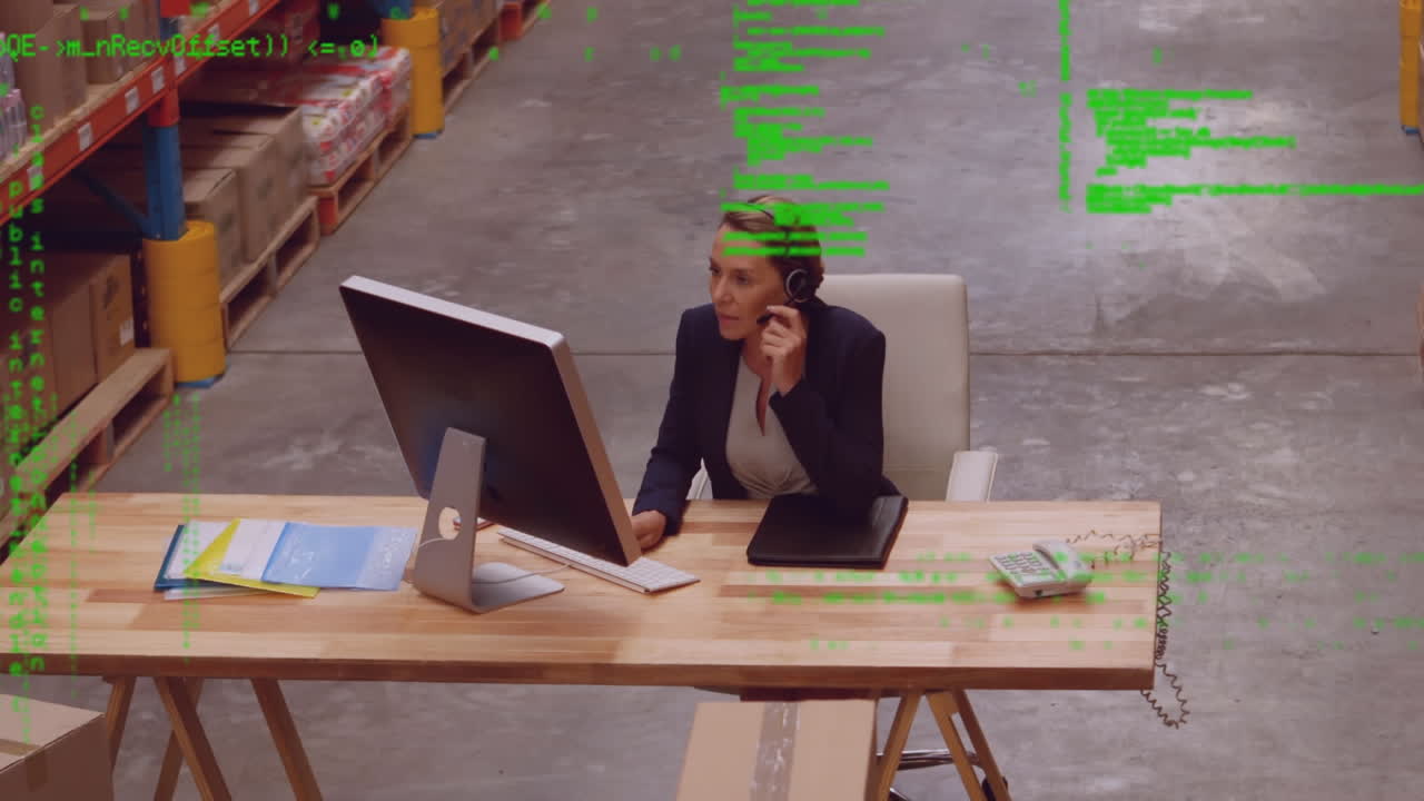 Animation of data processing over woman working in warehouse
