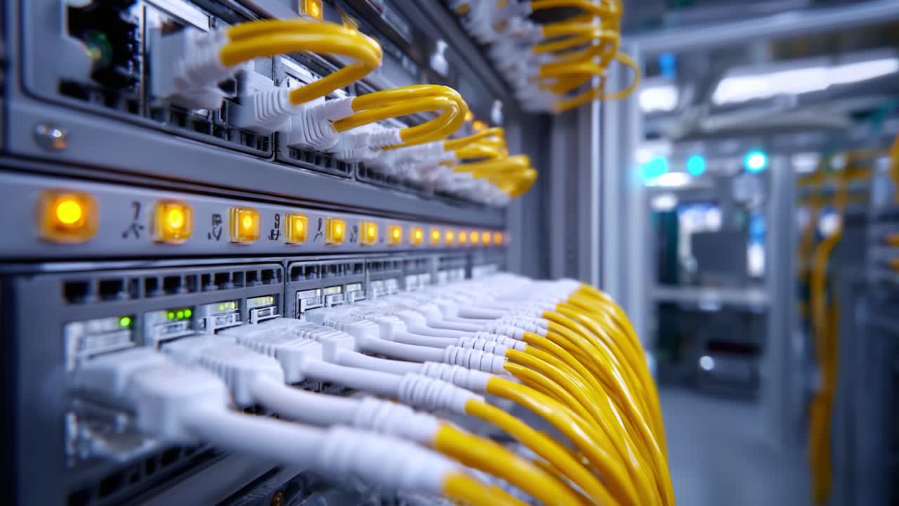 Close-Up View of Networking Equipment with Yellow Cables and Lights Indicating Connection Status in a Modern Data Center Environment