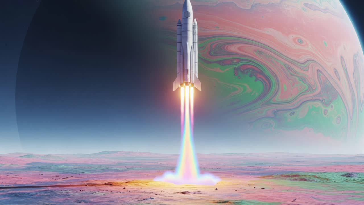 A Spectacular Space Journey: A Rocket Launching into the Colorful Atmosphere of an Alien Planet with a Vibrant Gas Giant in the Background