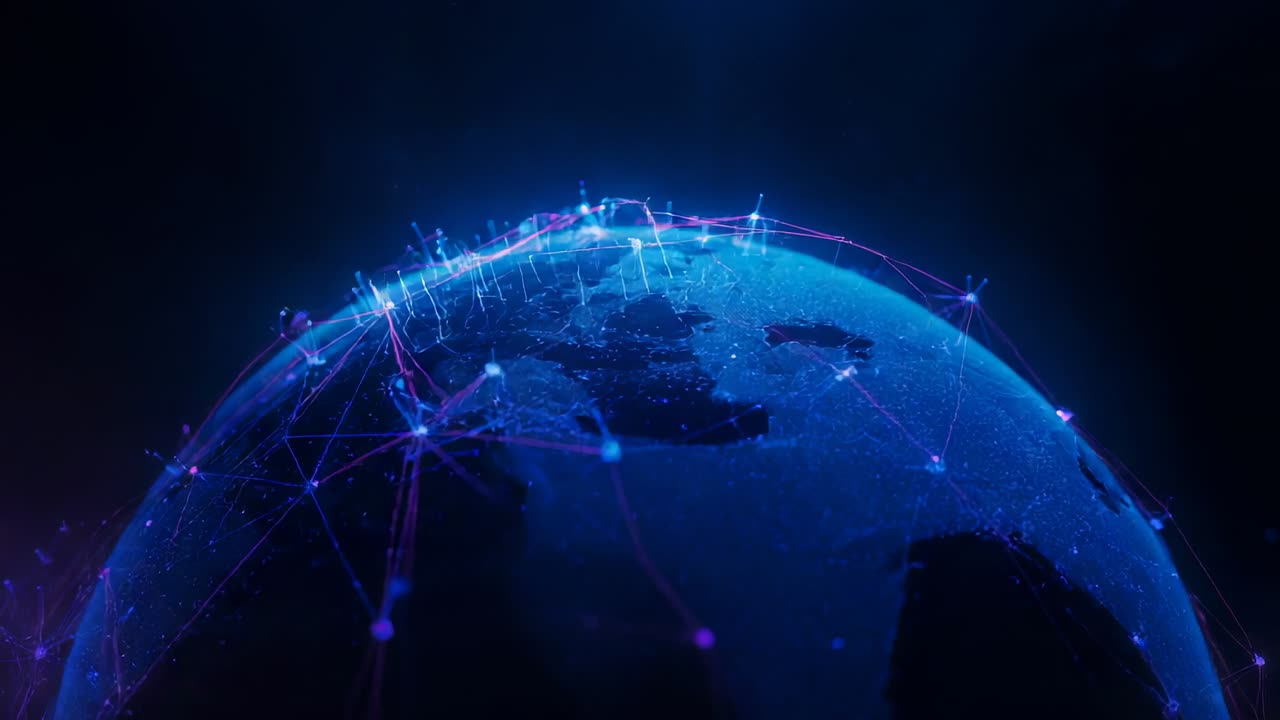 Opening revealing rotating 3D globe in cosmos, showing pulsing data bars with magenta connections