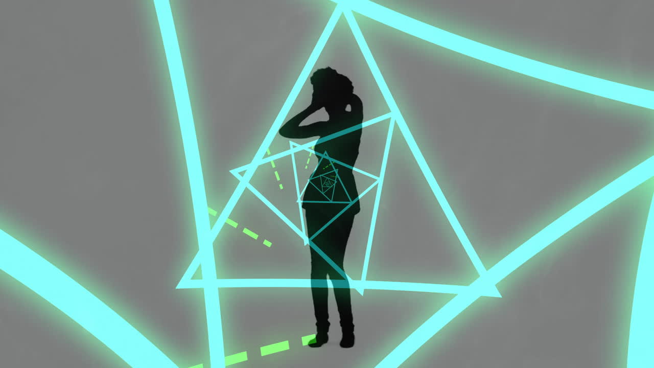 Animation of neon shapes over silhouette of woman dancing