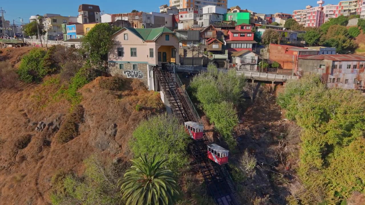Vista aerea in avvicinamento della Funicolare Barone, con le sue vetture che salgono e scendono, Valparaíso, Cile.