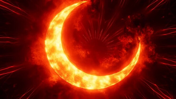 Bright yellow highlights shift across glowing crescent while orange flame clouds curl around pointed tips, with fine red streaks spreading through surrounding darkness and open central space.