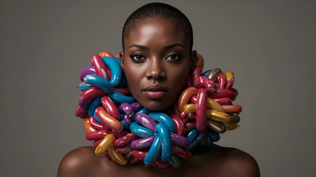 Opening eyes model as camera tightens bringing direct gaze in studio, showing glossy neckpiece
