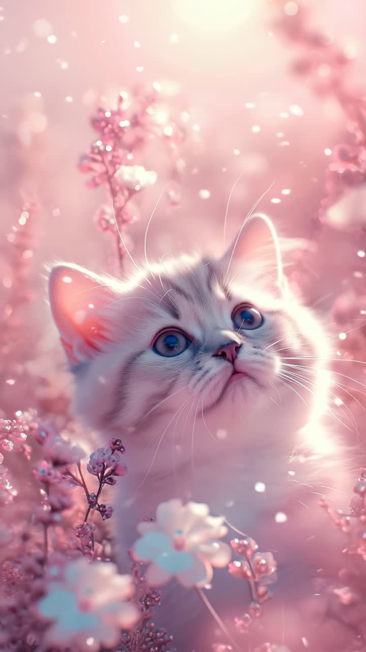 A dreamy close-up video angle of a fluffy cat surrounded by soft pink blossoms, creating a whimsical