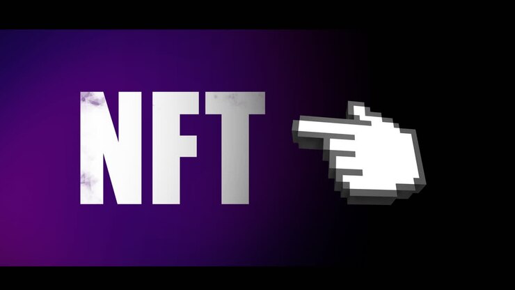 Animazione di NFT e mano, su sfondo viola e nero