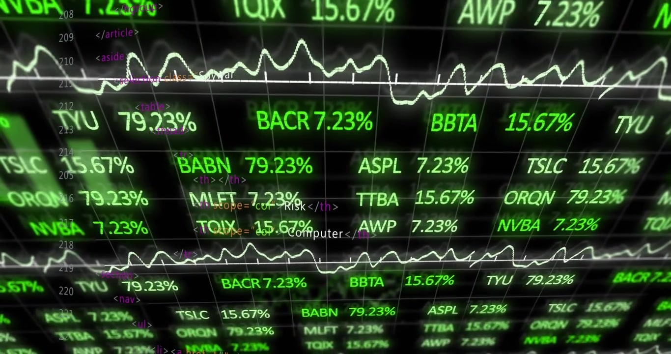 Animazione di dati di borsa e tendenze finanziarie su simboli di borsa verdi