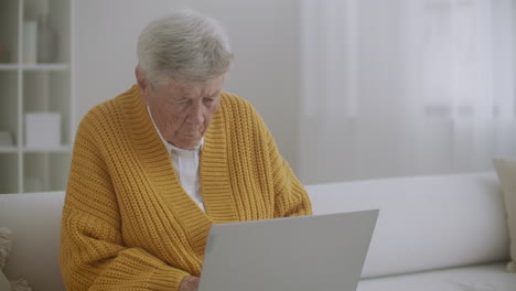 an elderly woman sitting on the couch prints a message on the keyboard. grandma uses a laptop