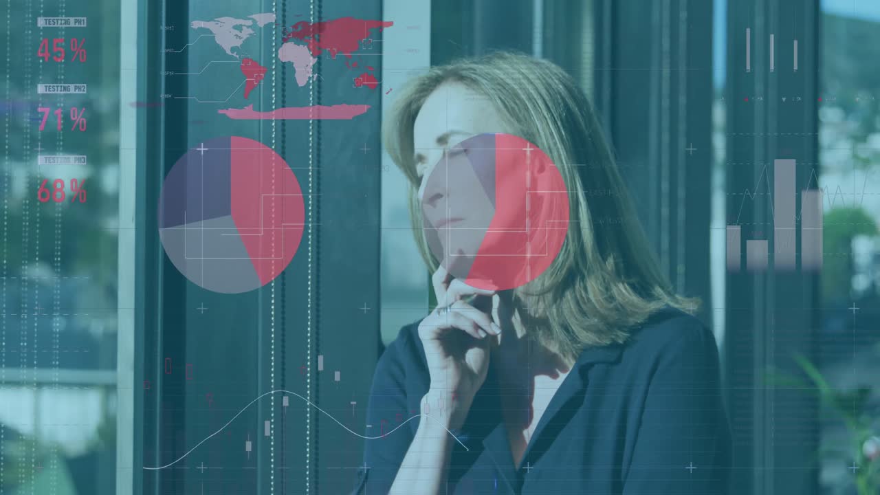 animación del procesamiento de datos sobre una mujer caucásica pensativa mirando por la ventana en la oficina