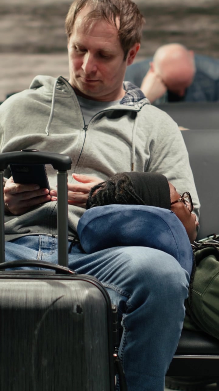 Vertical video Sleeping on chairs, departure board screen and tourists tired in airport
