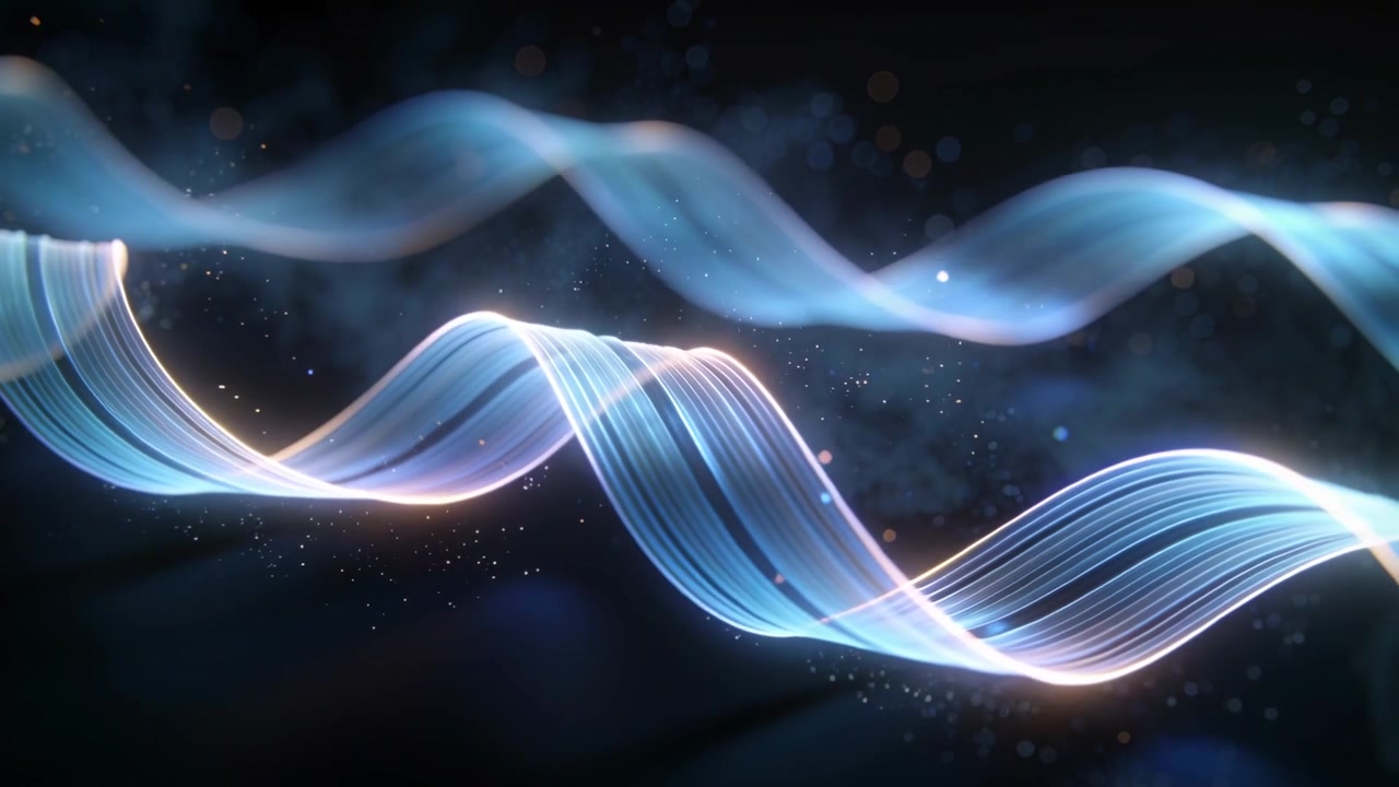 Emerging main ribbon with strands undulating in dark void, emitting sparks, revealing back ribbon