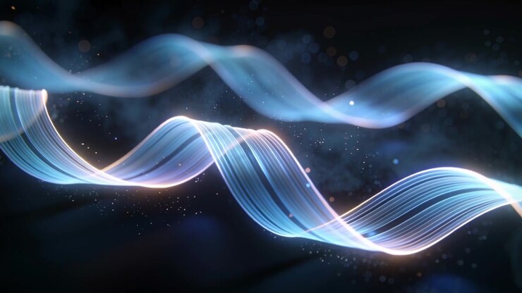 Emerging main ribbon with strands undulating in dark void, emitting sparks, revealing back ribbon