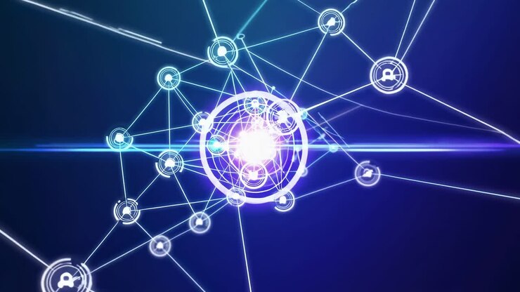 Expanding knowledge graph connecting data points and information through a complex network of digital lines and circles, illustrating the flow of knowledge in a futuristic style