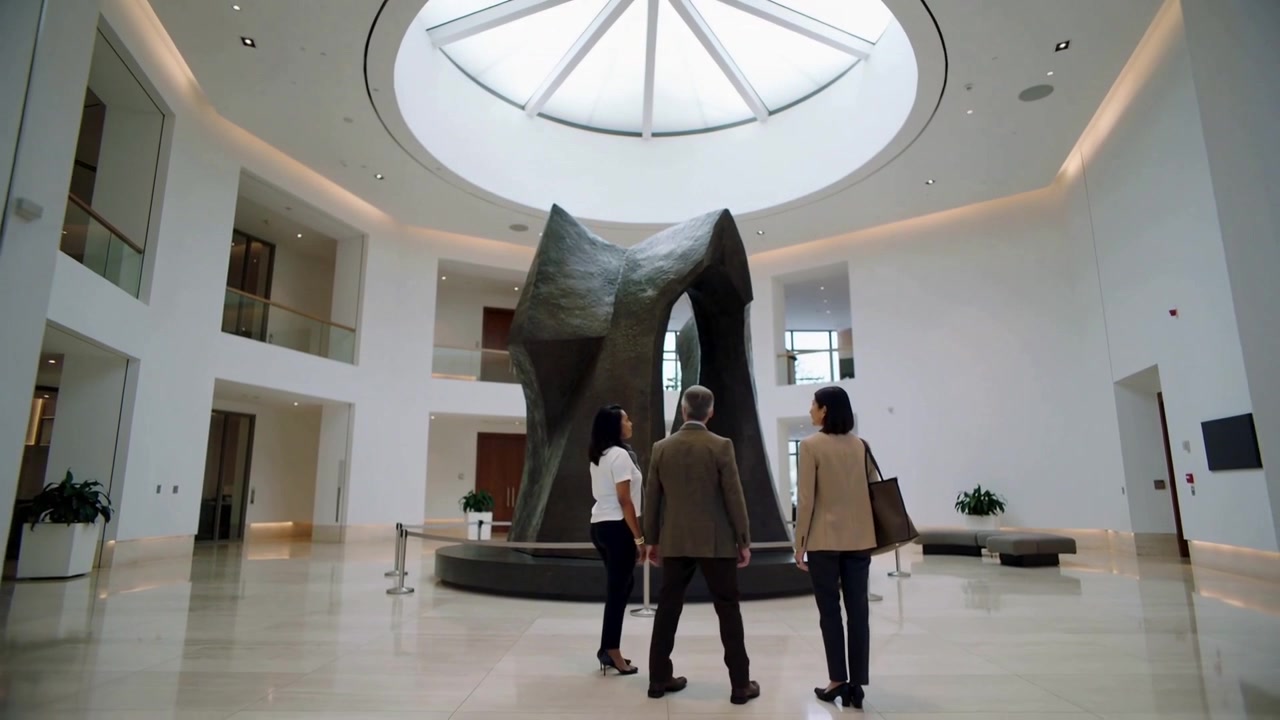 Entrando no átrio, colegas caminhando de terno em direção a uma escultura, parando para estudar o bronze sob uma cúpula