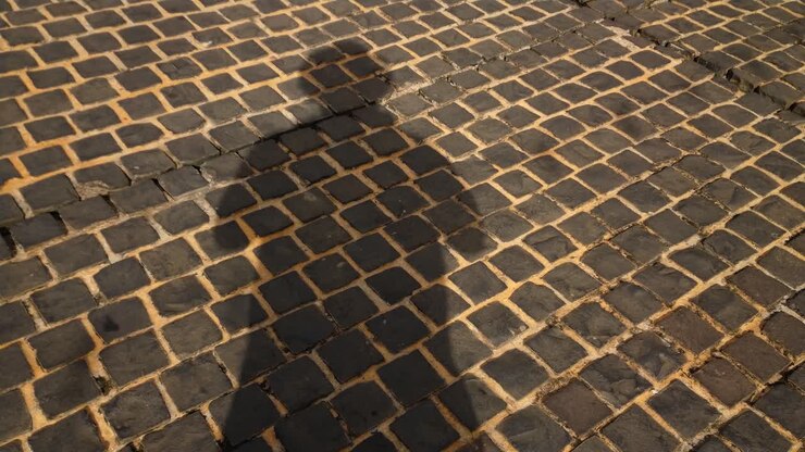 Un uomo che proietta la propria ombra mentre è in piedi su una pavimentazione stradale in mattoni, mentre altre persone passano proiettando anch'esse le loro ombre.
