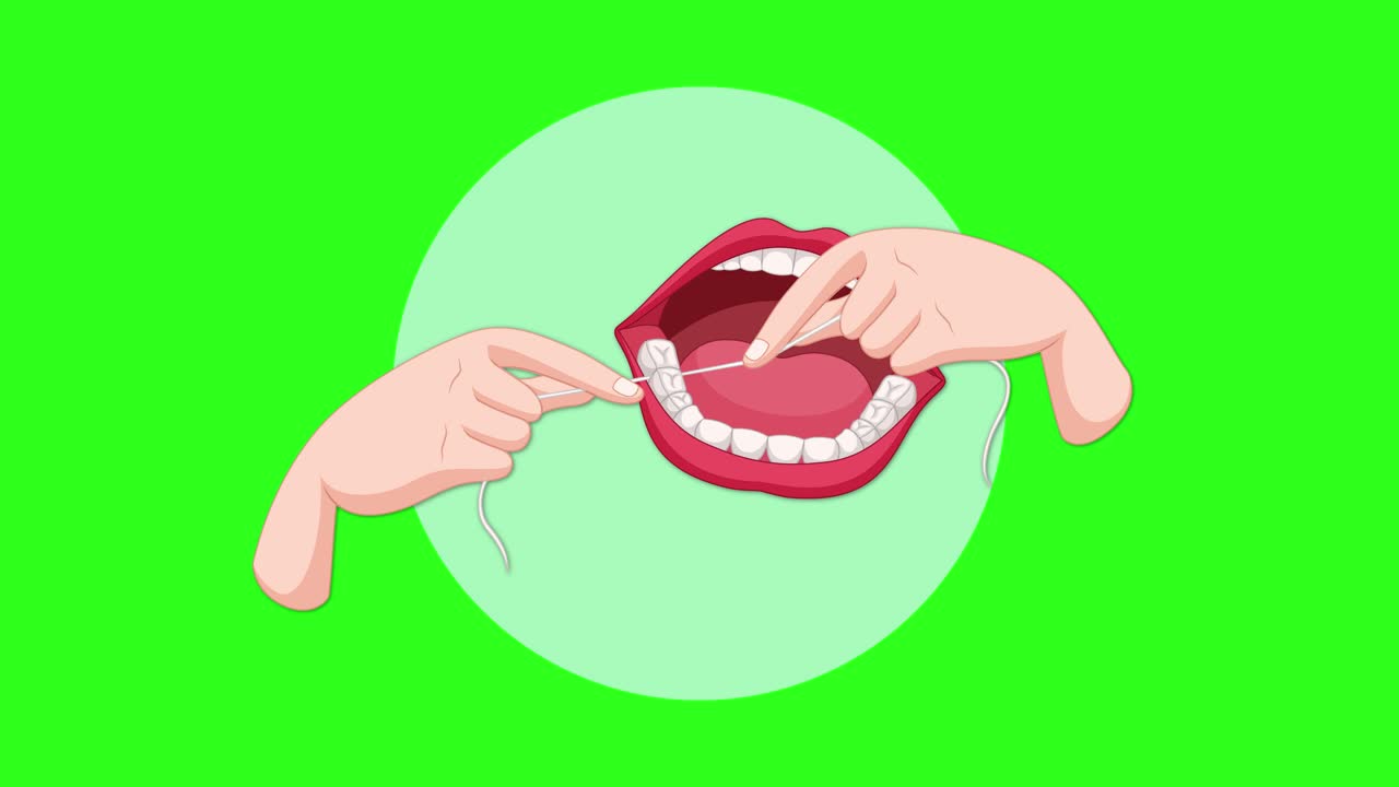 Vector animation of hands flossing teeth in open mouth, demonstrating proper dental hygiene technique