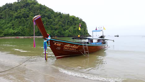 boat anchored on beach with lush backdrop
