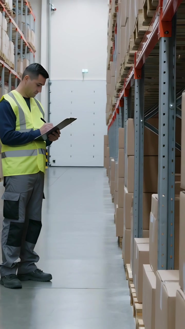 Video verticale: Un operaio con gilet ad alta visibilità ispeziona gli scaffali dopo un controllo con blocco note, annotando le scorte nel corridoio.