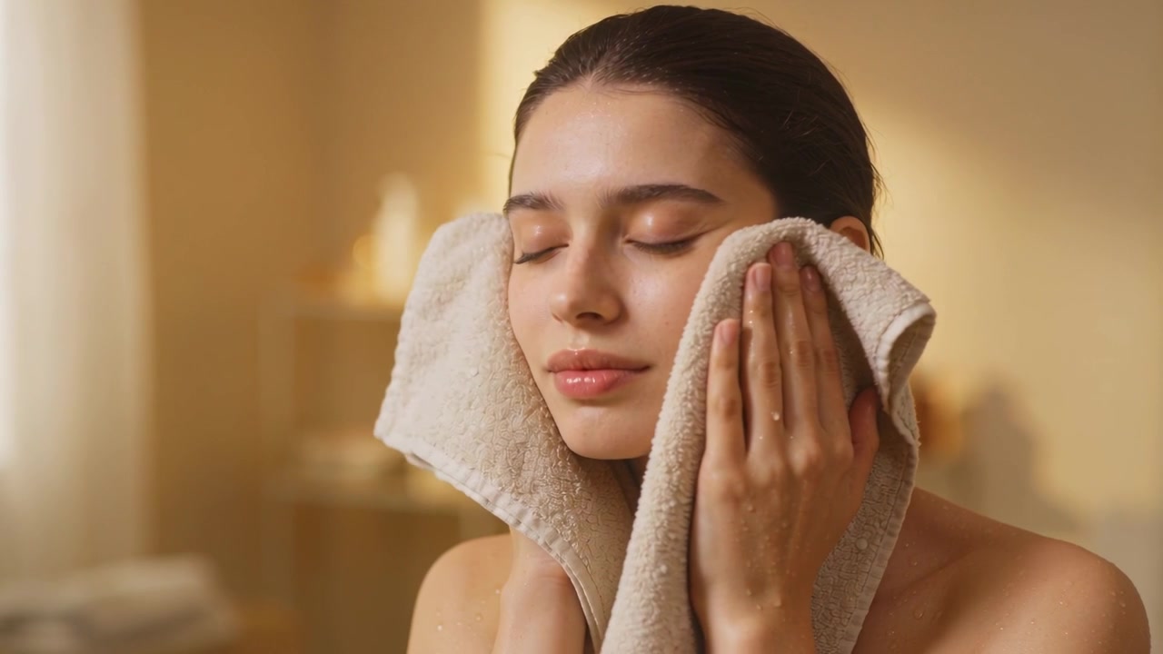 Pressing towel, adult woman wrapped in towel patting face at vanity after washing, toiletry bottles