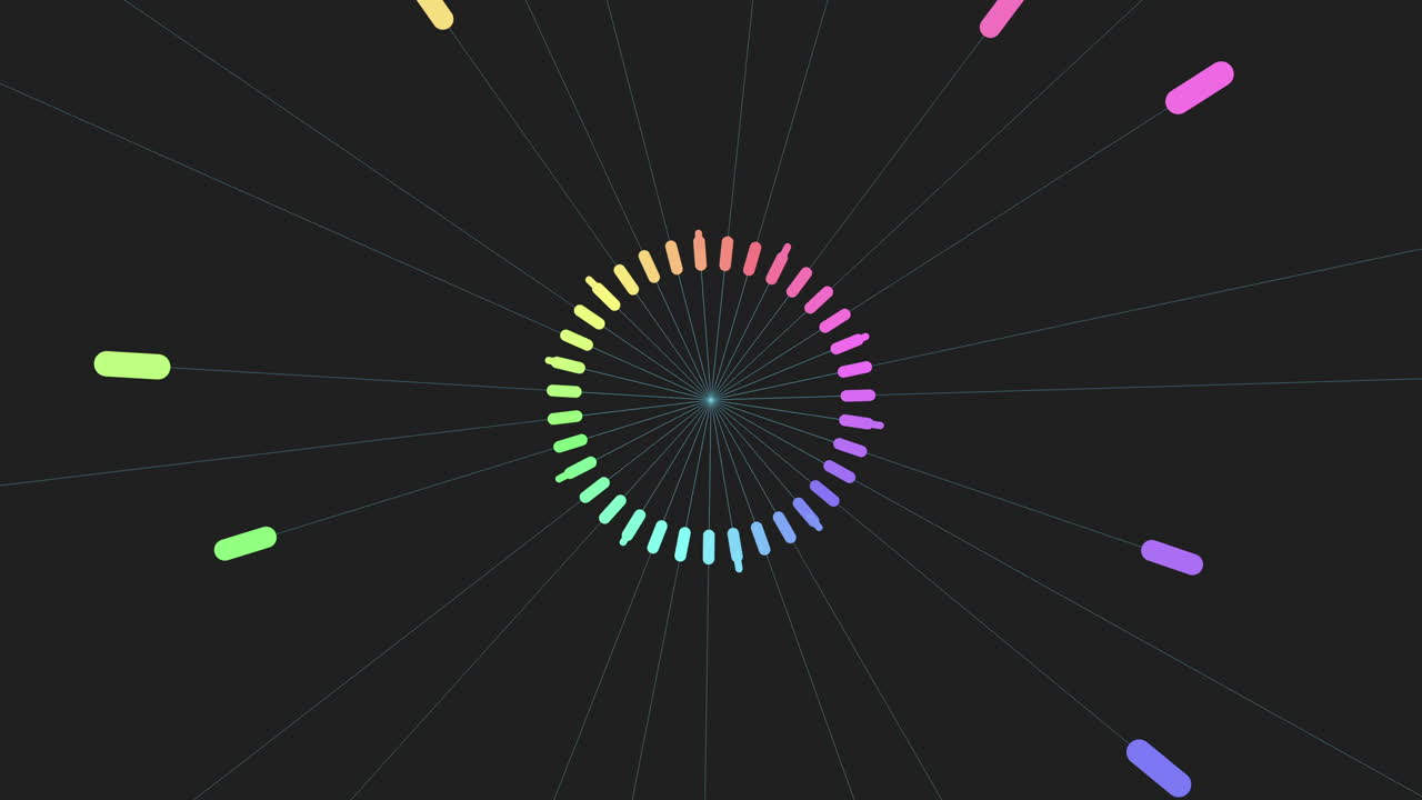 블랙 그라디엔트에서 무지개 점과 연결된 디지털 원 패턴